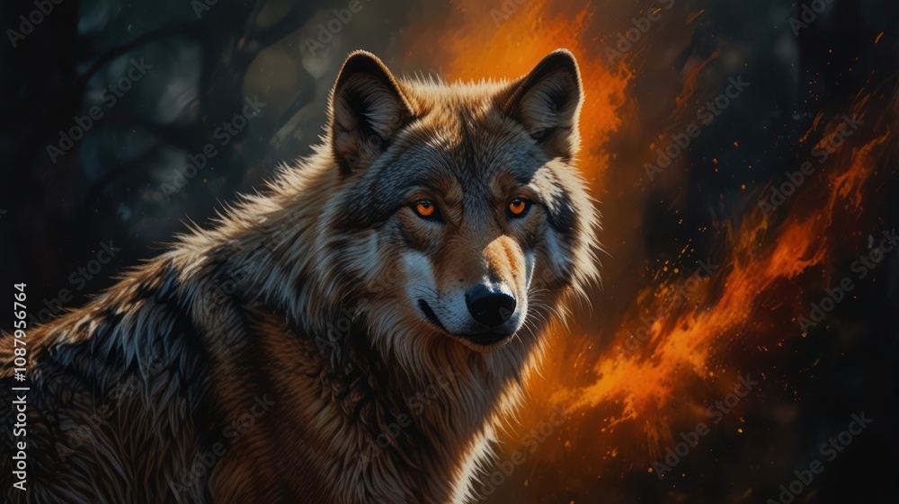 A wolf with glowing eyes stares intensely out of the frame, with an orange fire in the background. A wolf with glowing eyes stares intensely out of the frame, with an orange fire in the background.