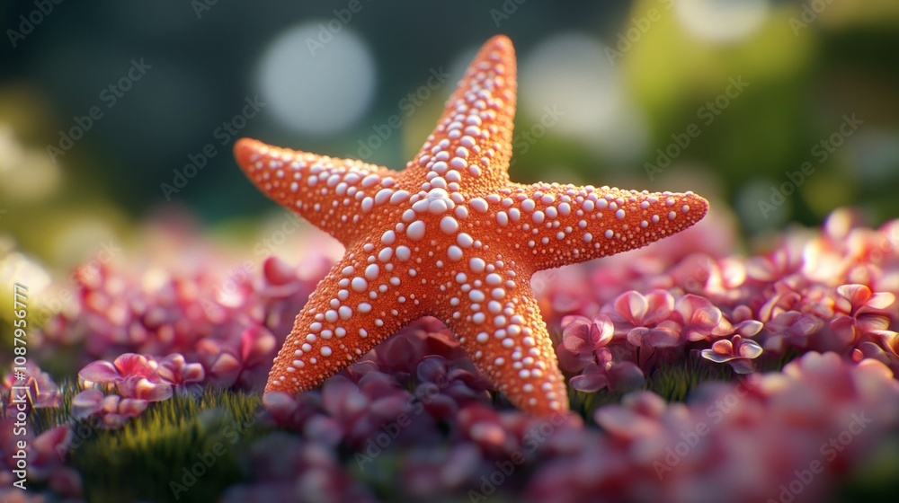 Close up of an orange starfish with white spots, peacefully resting on a bed of vibrant pink flowers and green moss, creating a captivating natural scene Close up of an orange starfish with white spots, peacefully resting on a bed of vibrant pink flowers and green moss, creating a captivating natural scene