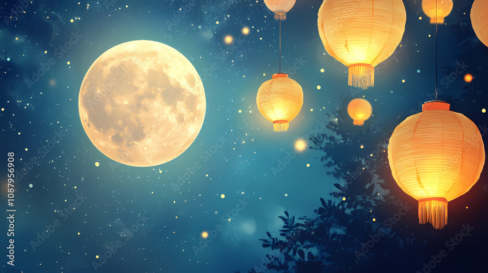 Fototapeta premium Illuminated paper lanterns floating under full moon at mid-autumn festival. Celestial Moonlit Sky. Illustration