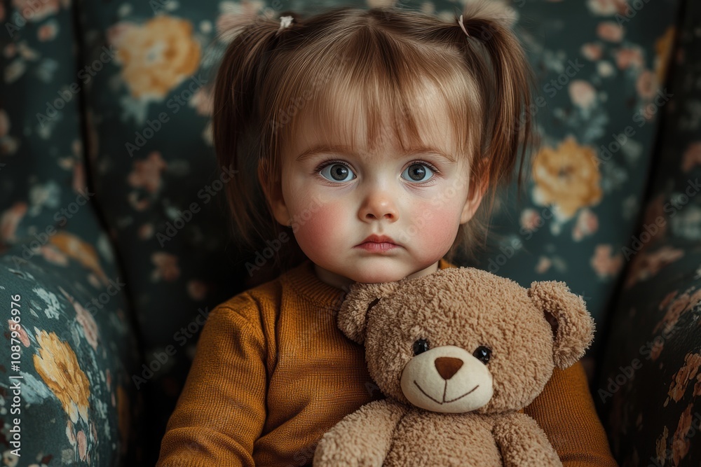 childrens portraits, toddler with pigtails holding a teddy bear, sitting on a floral chair in a vintage room, exudes innocence