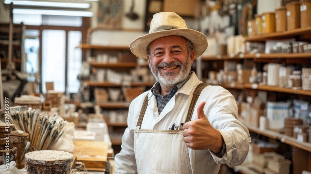 Joyful Artisan Smiling in a Craftsman Workshop with Tools Joyful Artisan Smiling in a Craftsman Workshop with Tools
