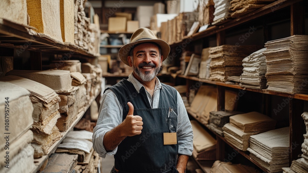 Cheerful Artisan in a Craft Material Workshop Cheerful Artisan in a Craft Material Workshop