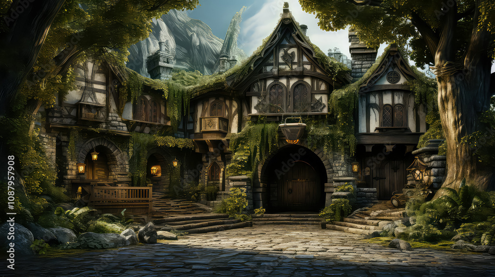 Tudor style, House Fantasy background, Creating antique design of Outdoor Spaces architecture decorate vintage concept Tudor style, House Fantasy background, Creating antique design of Outdoor Spaces architecture decorate vintage concept