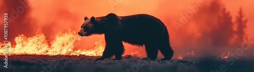 Grizzly bear walking through wildfire smoke forest fire scene wildlife photography dramatic environment survival concept