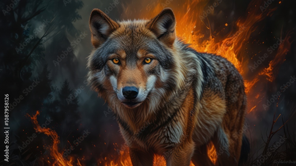 A majestic wolf stands amidst a blazing inferno, its fiery gaze piercing the darkness.