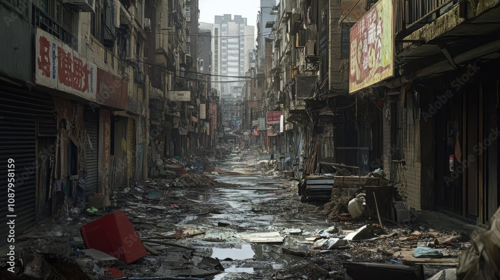 Obraz premium A narrow, debris-filled alleyway in an urban cityscape with buildings on either side and a distant skyline.