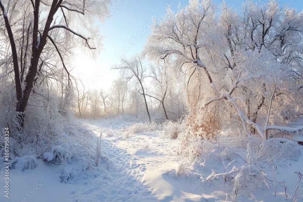 A snowy path through a winter forest with sun shining through the trees.