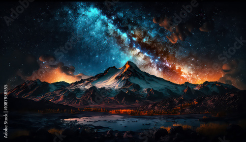 Beautiful Starry Night, Colorful Sky and Majestic Mountains under the Milky Way Galaxy, natural landscape background
