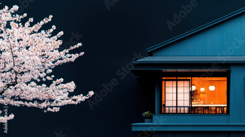 A tranquil home with a glowing window is nestled beside a blooming cherry blossom tree, contrasting dark walls with soft pink petals.