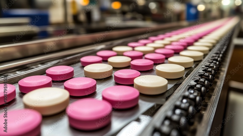 Pink and white pills on a conveyor belt in a pharmaceutical factory. Pink and white pills on a conveyor belt in a pharmaceutical factory.