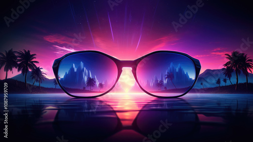Sun glasses Glow in the Dark: Exploring the Neon Light of a Colorful Abstract Background in a Futuristic Electronic music Concept