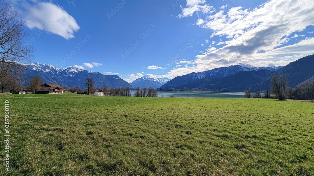A picturesque view of a lake and mountains with a grassy field in the foreground, under a blue sky with white clouds.
