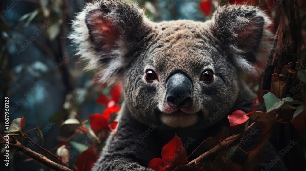 Obraz premium A close-up portrait of a koala looking directly at the camera, with a blurred background of foliage and red flowers.