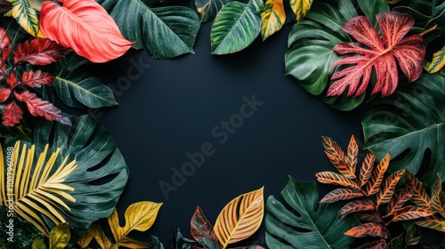Fototapeta Naklejka Na Ścianę i Meble -  Tropical leaves frame a dark background, creating a vibrant, organic border.