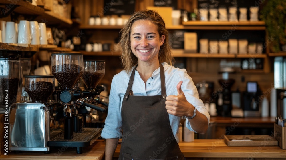 Cheerful Barista Giving Thumbs Up in Cozy Coffee Shop Cheerful Barista Giving Thumbs Up in Cozy Coffee Shop