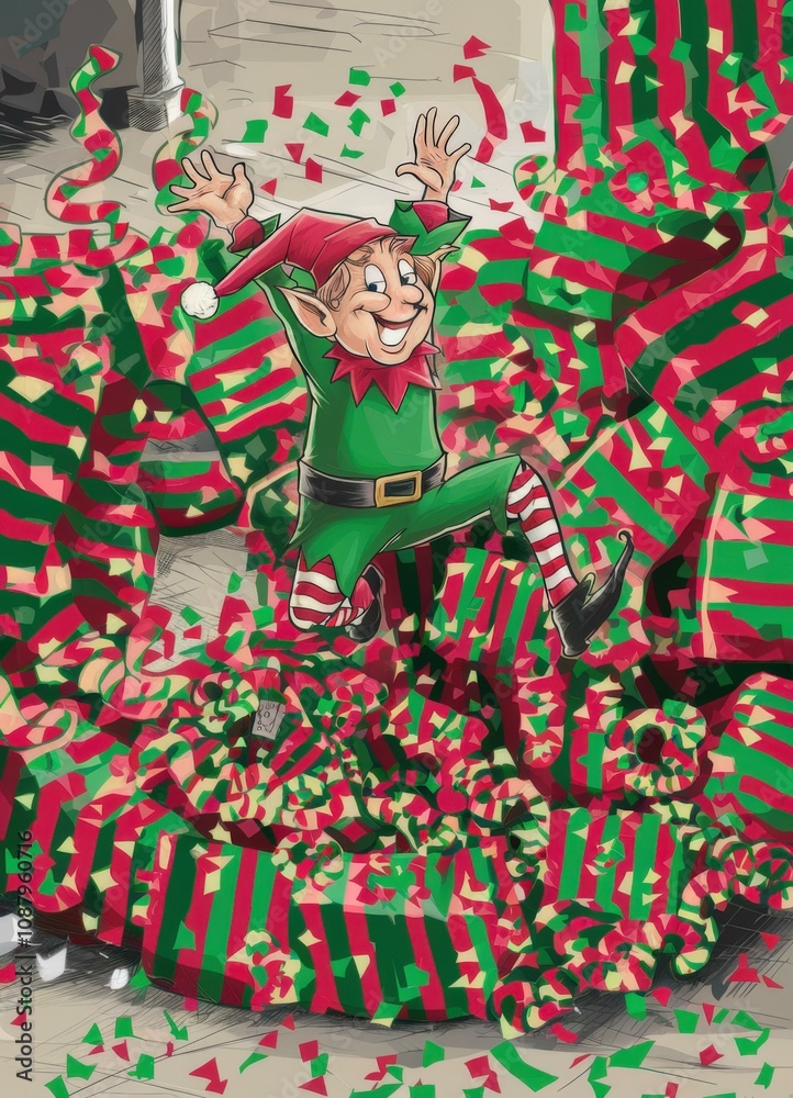 Fototapeta premium Cheerful Cartoon Elf Festive Gift Pile - Christmas Marketing Illustration