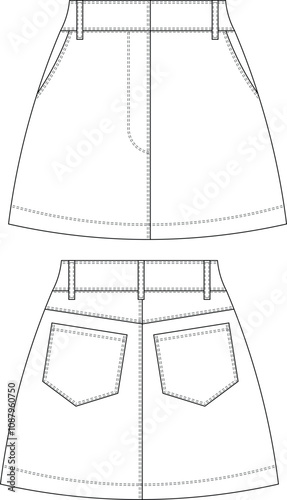 with pockets short mini a line mid high rise waist denim jean skirt template technical drawing flat sketch cad mockup fashion woman girl  design style model 
