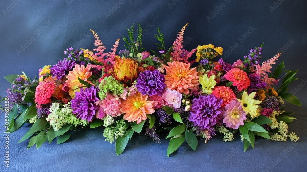 Fototapeta premium A vibrant floral arrangement with various flowers in shades of pink, purple, yellow, and orange, set against a blue backdrop.