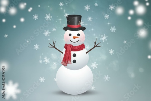 Cheerful Cartoon Snowman Top Hat Scarf Blue Background