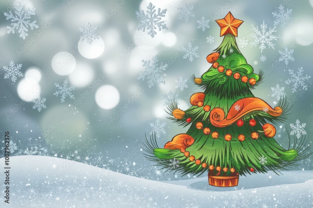 Obraz premium Colorful Festive Christmas Tree Illustration Snowflakes Star