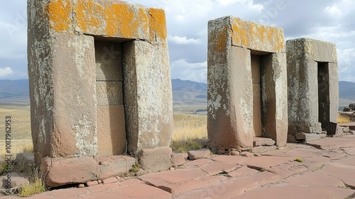 Remains of ancient megalithic complex with huge, massive stones, beautiful landscape with mountains at the background