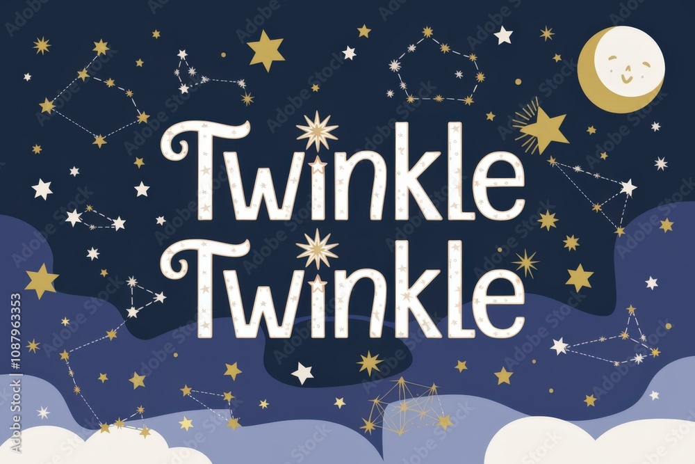 Fototapeta premium Whimsical Night Sky Illustration Stars Twinkle Text Nursery Decor