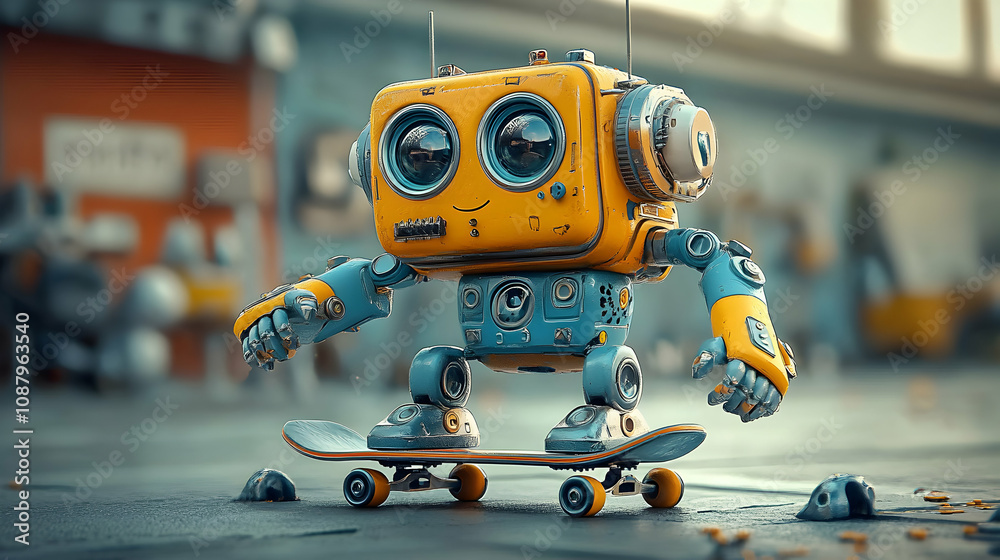 3D Render of a Cute Retro Robot Skateboarding Joyfully Outdoors 3D Render of a Cute Retro Robot Skateboarding Joyfully Outdoors