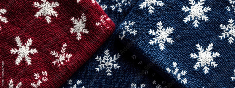 Seamless patterns of knitted snowflakes in blue and red hues creating a cozy and festive winter design Seamless patterns of knitted snowflakes in blue and red hues creating a cozy and festive winter design