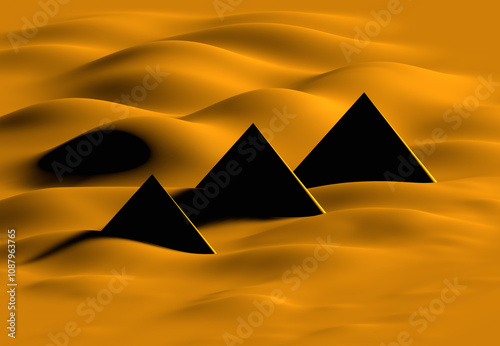 Hand drawn abstract 3D illustration of pyramids surrounded by desert in Egypt