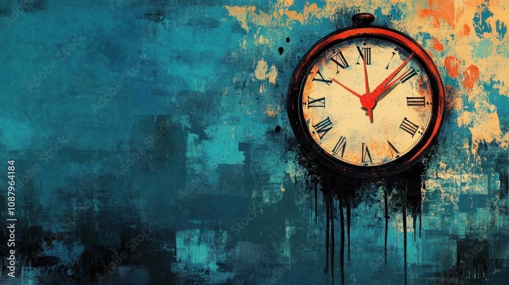 custom made wallpaper toronto digitalA red clock dripping paint on a blue wall, symbolizing time passing.