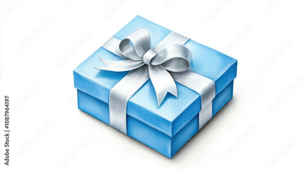 Fototapeta premium watercolor beautiful blue gift box with silver ribbon sits elegantly on plain white background, perfect for any occasion