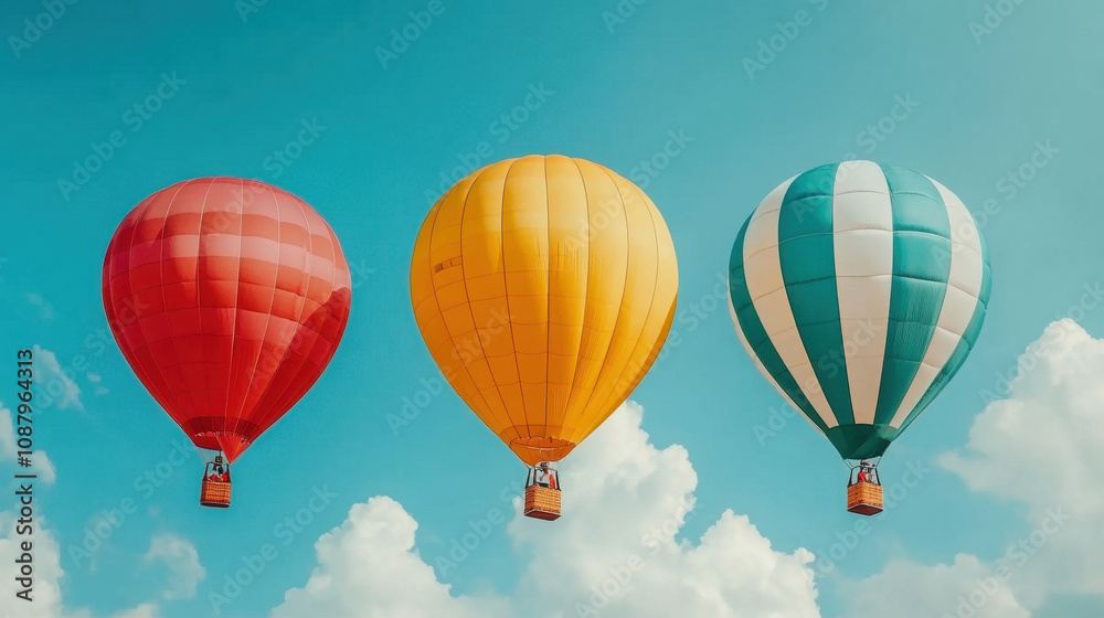 Fototapeta premium Joyful , euphoria, radiance. Three colorful hot air balloons soar against a bright blue sky, creating a vibrant scene of adventure and freedom.