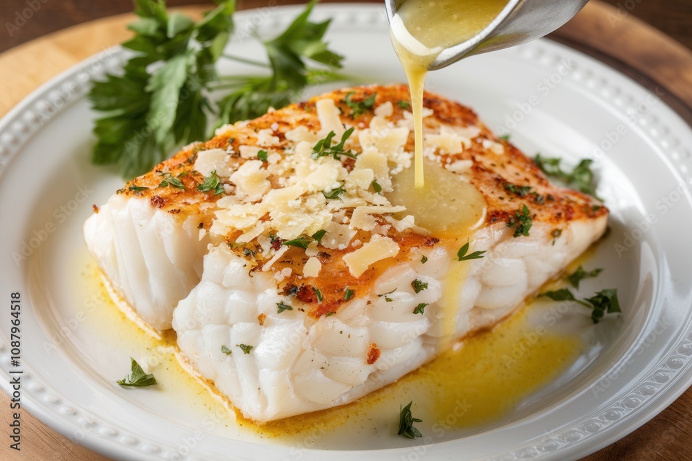 Baked cod fillet with garlic butter and Parmesan Baked cod fillet with garlic butter and Parmesan