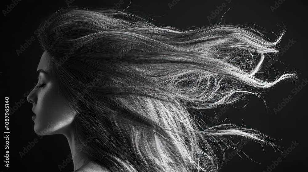 A woman with long flowing hair, in profile, against a dark background. A woman with long flowing hair, in profile, against a dark background.