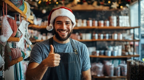 Cheerful Store Owner Celebrating Christmas with a Thumbs Up Gesture