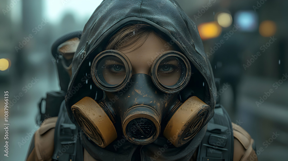 Post-Apocalyptic Woman in Gas Mask, 3D Render, Dark, Gritty, Realistic, Atmospheric, Distressed Texture, City Background, Mysterious, Hooded Figure, Protective Gear, Survival, Environmental Disaster Post-Apocalyptic Woman in Gas Mask, 3D Render, Dark, Gritty, Realistic, Atmospheric, Distressed Texture, City Background, Mysterious, Hooded Figure, Protective Gear, Survival, Environmental Disaster