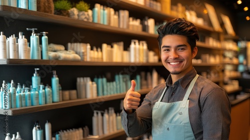 Cheerful Male Salon Worker Giving Thumbs Up in Modern Beauty Store