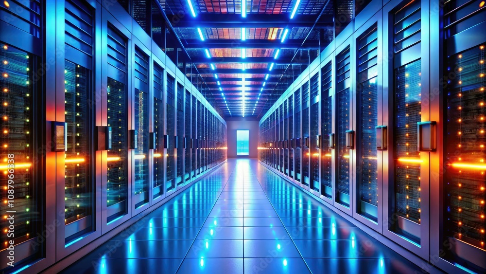 Futuristic Data Center Hallway With Illuminated Server Cabinets, High-Tech Environment, Tilt-Shift Photography, Modern Infrastructure, Digital Innovation, Data Storage Solutions, Tech Industry Trends Futuristic Data Center Hallway With Illuminated Server Cabinets, High-Tech Environment, Tilt-Shift Photography, Modern Infrastructure, Digital Innovation, Data Storage Solutions, Tech Industry Trends