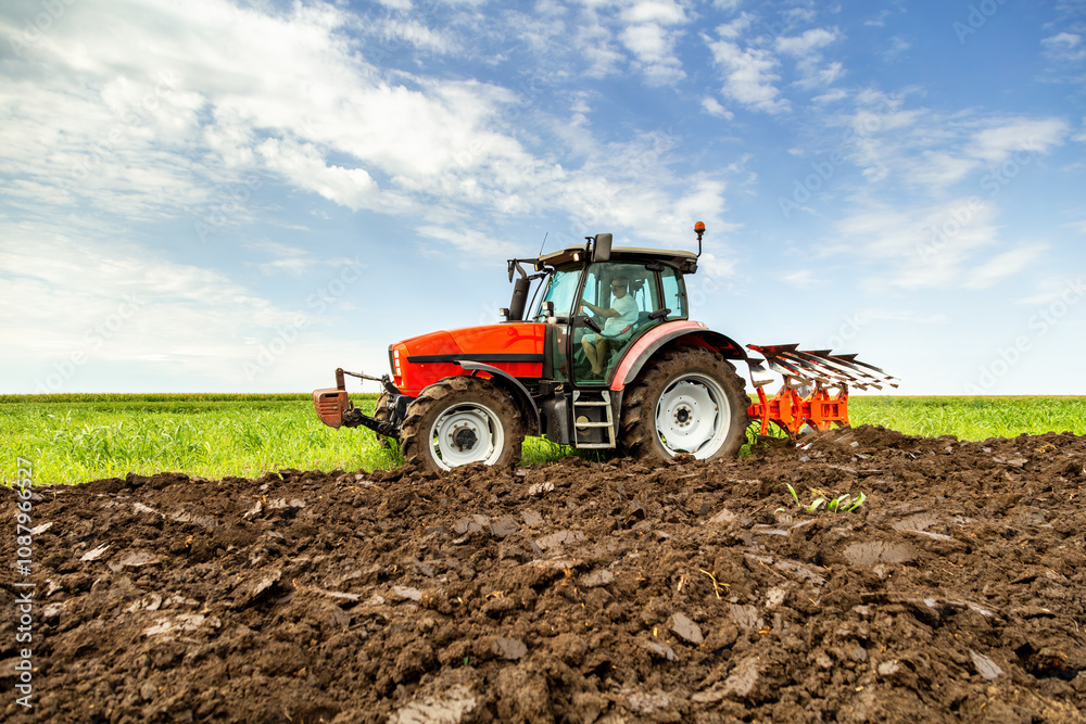 Tractor cultivating fertile soil on a sunny day, preparing the land for the upcoming planting season Tractor cultivating fertile soil on a sunny day, preparing the land for the upcoming planting season