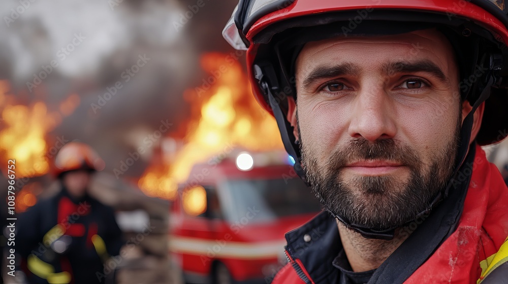 Brave male firefighter in front of a blazing fire, showcasing determination and courage amidst chaos. Brave male firefighter in front of a blazing fire, showcasing determination and courage amidst chaos.