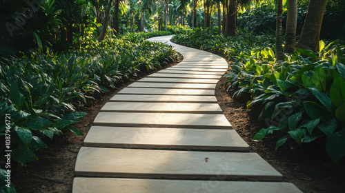 Joyful , euphoria, radiance. A winding stone pathway meanders through a lush green garden, surrounded by vibrant foliage, inviting exploration and tranquility.