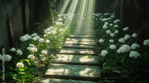Joyful , euphoria, radiance. A serene pathway lined with white flowers, illuminated by soft rays of sunlight filtering through trees, creating a tranquil atmosphere.