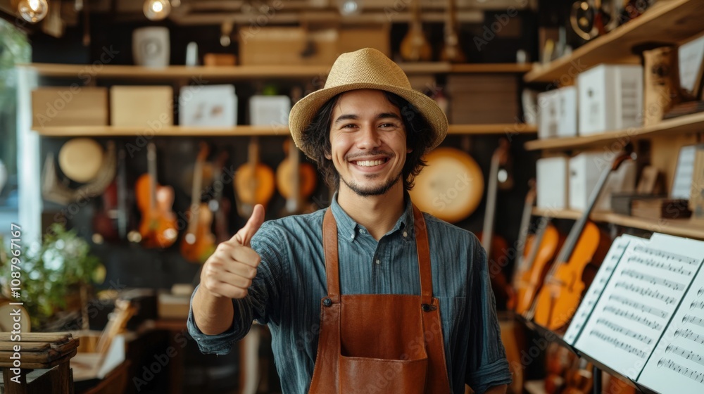 Cheerful Music Store Owner in a Cozy Instrument Shop Cheerful Music Store Owner in a Cozy Instrument Shop
