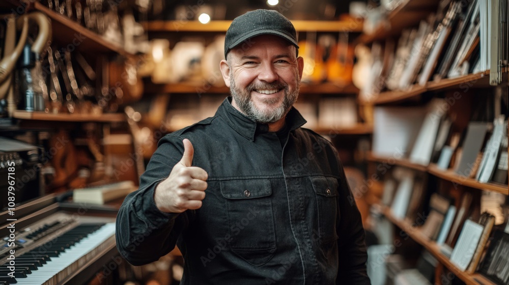 Cheerful Music Store Owner Giving Thumbs Up in Cozy Environment Cheerful Music Store Owner Giving Thumbs Up in Cozy Environment