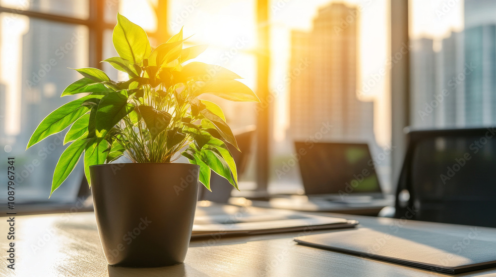 Sunlit modern office with plant on desk Sunlit modern office with plant on desk
