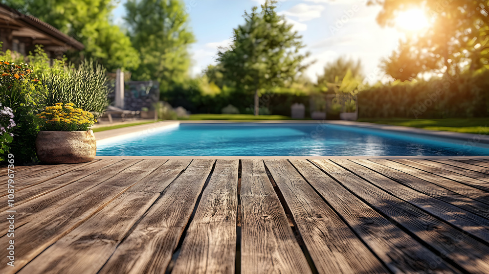Rustic Wooden Deck Overlooking a Sunny Backyard Pool: A Summer Idyll Rustic Wooden Deck Overlooking a Sunny Backyard Pool: A Summer Idyll