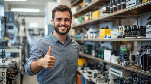 Happy Male Technician in Electronics Store with Thumbs Up Gesture