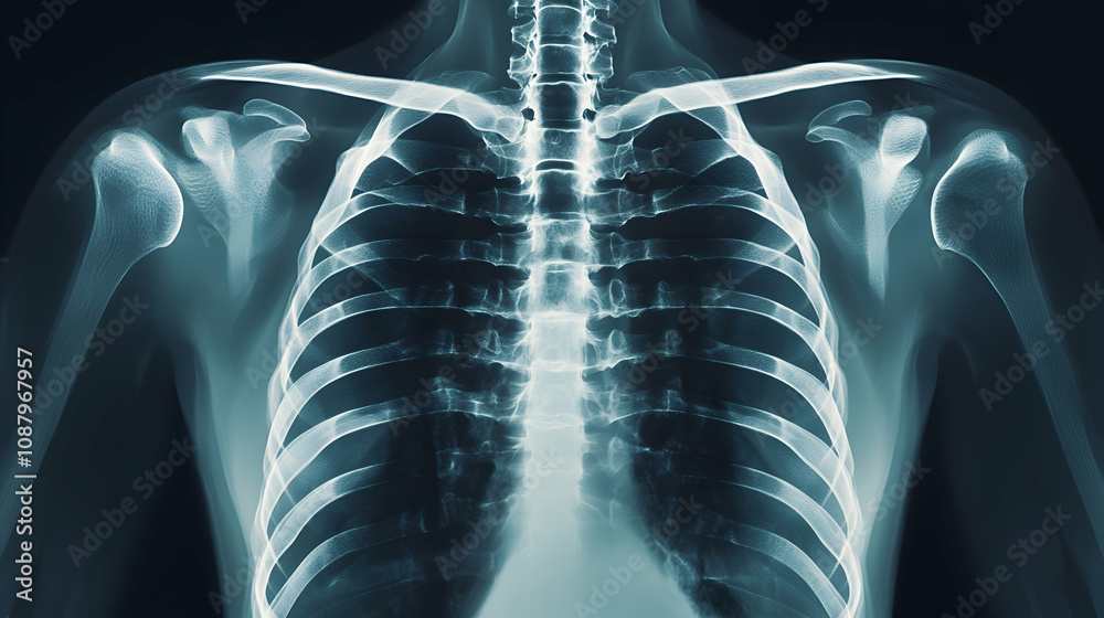 Stylized 3D X-Ray Illustration of Human Upper Body, Showing Rib Cage and Shoulder Bones in Teal Hues Stylized 3D X-Ray Illustration of Human Upper Body, Showing Rib Cage and Shoulder Bones in Teal Hues
