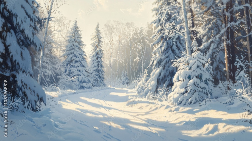 A snowy forest path with tall pine trees covered in snow and sunlight shining through the trees. A snowy forest path with tall pine trees covered in snow and sunlight shining through the trees.