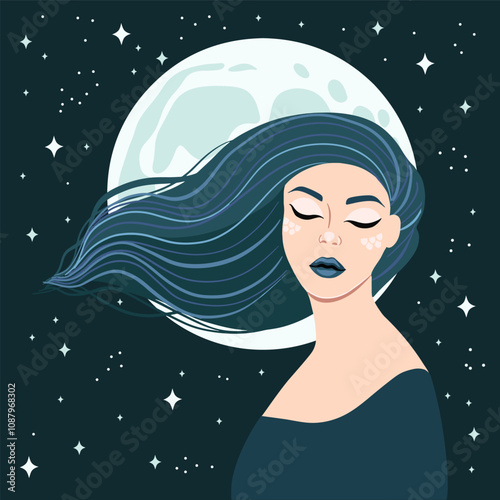 Sleeping girl with long hair. Woman dreaming in night sky, moon and stars. vector illustration